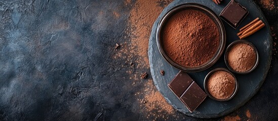 Poster - Cocoa powder truffle chocolate and cinnamon arranged on a stone plate Top view. with copy space image. Place for adding text or design