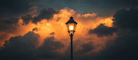 Aufkleber - Black light post shining against a backdrop of clouds lit by the sunset. with copy space image. Place for adding text or design