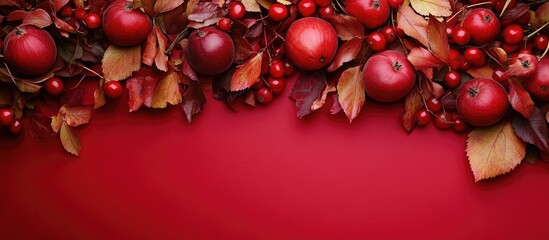 Poster - Red fruit and leaf backdrop hawthorn and fallen foliage. with copy space image. Place for adding text or design