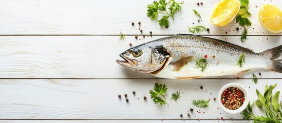 Fototapete - Seabass with spices Seafood on a white wooden backdrop Top view Free copyspace