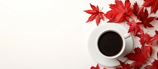 Poster - Autumn arrangement featuring a cup of coffee and red maple leaves. with copy space image. Place for adding text or design
