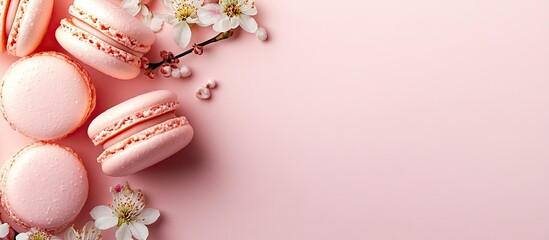 Leinwandbilder - Pastel colored macaroons with flowers on a light pink backdrop Holiday background Copyspace