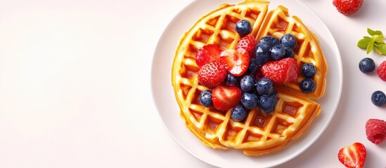 Poster - Tasty dessert waffle topped with fruit. with copy space image. Place for adding text or design