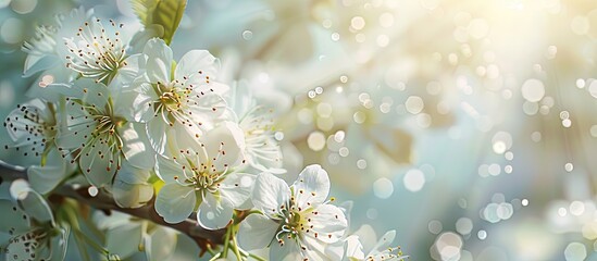 Poster - Spring blossom background A beautiful natural scene featuring delicate white flowers on a blooming tree on a sunny day Banner with copyspace