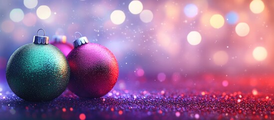 Fototapete - Elegant colored New Year and Christmas ball set against a backdrop with light effects and bokeh Red green magenta lilac purple. with copy space image. Place for adding text or design