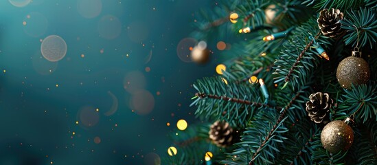 Fototapete - Traditional Christmas pine tree adorned with holiday decorations with copyspace for text Decorative lights shining on the fir Close up background interior