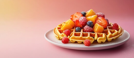 Poster - Tasty dessert waffle topped with fruit. with copy space image. Place for adding text or design