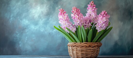 Poster - Pink flowering hyacinths in a wicker basket against a rustic backdrop Spring Easter still life. with copy space image. Place for adding text or design