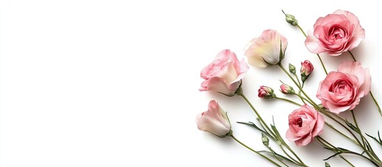 Leinwandbilder - Bouquet of eustoma flowers set against a white background Copy space