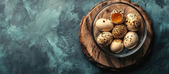 Aufkleber - Quail eggs in a glass on a rustic board Top view copy space