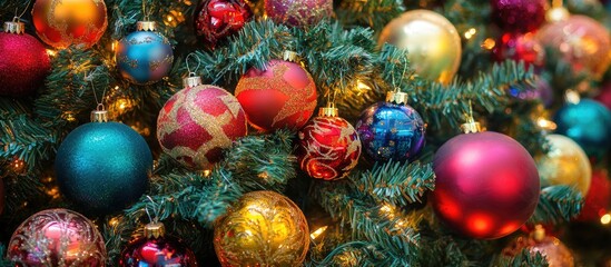 Fototapete - Close up of a decorated Christmas tree featuring colorful ornaments. with copy space image. Place for adding text or design