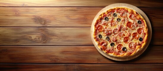 Aufkleber - Tasty Italian pizza presented on a wooden table top view. with copy space image. Place for adding text or design