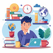 © mdsohan - Colorful vector illustration of a male student studying at a desk, surrounded by books, a laptop, and a globe, conveying a scene of academic engagement and global education.