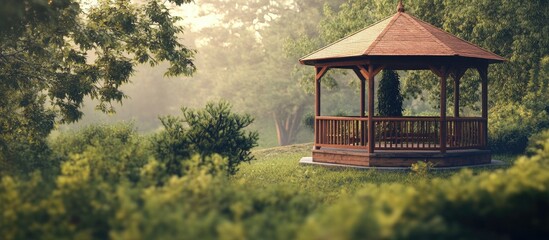 Fototapete - Gazebo in a natural setting Background with selective focus and copyspace for text