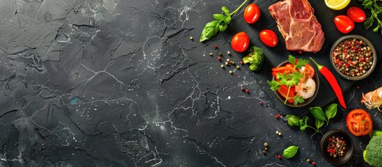 Poster - Food meat dishes vegetables and seafood on a black stone background Top view Copyspace available for text