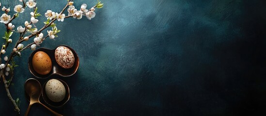 Aufkleber - Vintage backdrop featuring Easter eggs Classic kitchenware against a dark background Easter scene with eggs and spring branches Overhead view with copy space