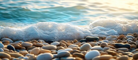 Wall Mural - Pebble stones on the beach during a warm summer day where the blue sea rolls with white foam waves. with copy space image. Place for adding text or design