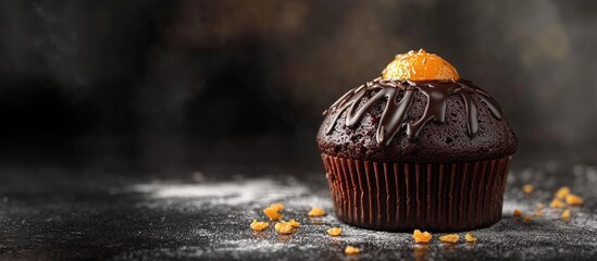 Leinwandbilder - Appetizing and beautiful orange muffin in a dark setting lovely still life featuring chocolate cake on the table Sweet treat in the pastry shop. with copy space image. Place for adding text or design