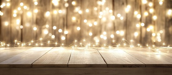 Leinwandbilder - Photography featuring fairy lights on a light wood background. with copy space image. Place for adding text or design
