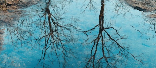 Fototapete - Surface of blue pond water reflecting lifeless trees. with copy space image. Place for adding text or design