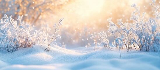 Poster - Frosty grass blanketed in snow in a winter forest. with copy space image. Place for adding text or design