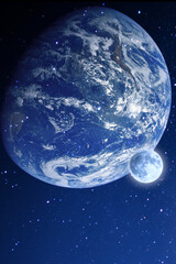 Wall Mural - earth and moon on a blue starry sky in the universe
