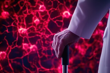 Elderly scientist holding a cane, with a vibrant neural network background in shades of red.