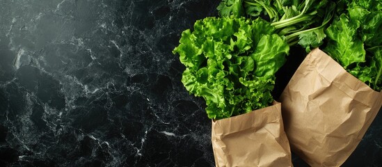 Poster - Organic green vegetables in brown recycled bags on a black marble background. with copy space image. Place for adding text or design