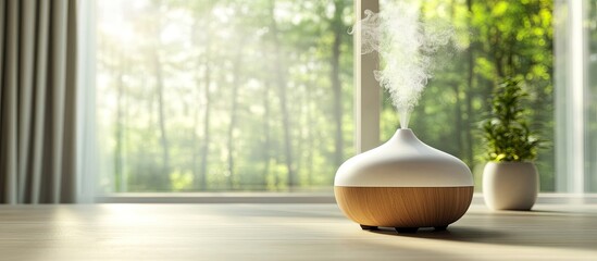 Aufkleber - Aroma diffuser placed on the table with a window backdrop providing space for text Interior decoration air freshener incense. with copy space image. Place for adding text or design