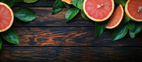 Poster - Freshly peeled pomelo grapefruit and shaddock with green leaves on a dark wooden plank table Seasonal fruit for the mid autumn festival close up copyspace