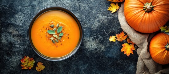 Poster - Pumpkin soup and organic pumpkins viewed from above A seasonal autumn dish Spicy pumpkin soup with herbs and seeds. with copy space image. Place for adding text or design
