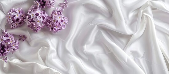 Poster - Small purple heart shaped flowers on a white fabric backdrop Lilac hue Happy Valentine s Day love Mother s Day Spring Women s Day Beautiful flat light Top view. with copy space image