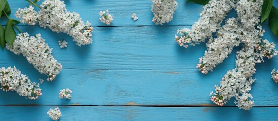 Canvas Print - White lilac blossoms on a blue rustic wooden backdrop Spring floral arrangement Top view flat lay copyspace