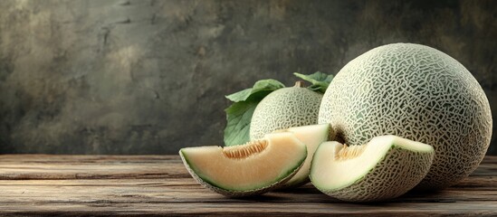 Poster - Whole and sliced fresh ripe melons on a wooden table Room for text. with copy space image. Place for adding text or design