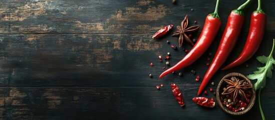 Fototapete - chili and anise on dark boards. with copy space image. Place for adding text or design