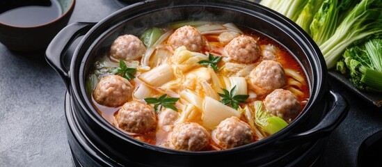 Fototapete - Japanese hot pot with chicken meatballs leeks and cabbage. with copy space image. Place for adding text or design