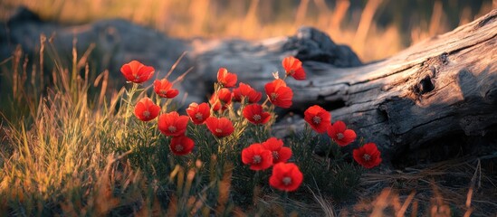 Poster - A cluster of red buttercups flourishing next to a fallen dry pine tree in a meadow A photo featuring copy space