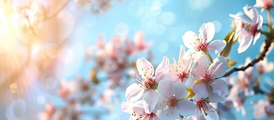 Aufkleber - almond blossoms in full bloom set against a blue sky background. with copy space image. Place for adding text or design
