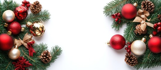 Fototapete - Christmas frame featuring red green and gold balls bows fir branches and pine cones set against a white background. with copy space image. Place for adding text or design