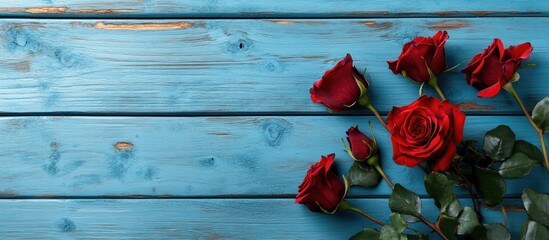 Poster - Red rose flowers on blue painted wooden boards. with copy space image. Place for adding text or design