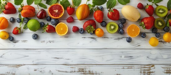 Fototapete - A collection of fresh raw fruits on a white wooden surface Top view Flat lay Summer backdrop Copy space