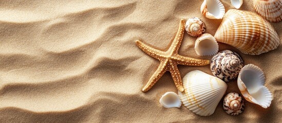 Poster - Seashells and starfish on a sandy background with copyspace