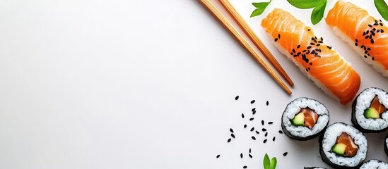 Aufkleber - sushi rolls with fish on a white background menu for a restaurant. with copy space image. Place for adding text or design