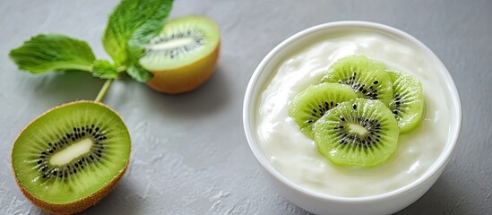 Leinwandbilder - Yogurt with kiwifruit sauce. with copy space image. Place for adding text or design