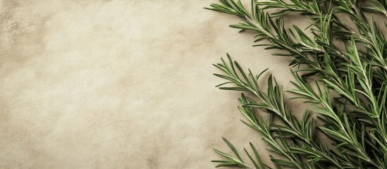 Fototapete - textured stylish vintage paper background square featuring young rosemary sprigs. with copy space image. Place for adding text or design
