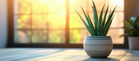 Poster - Green Sansevieria plant in a pot in a home garden. with copy space image. Place for adding text or design
