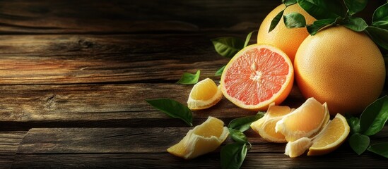 Poster - Freshly peeled pomelo grapefruit and shaddock with green leaves on a dark wooden plank table Seasonal fruit for the mid autumn festival close up copyspace