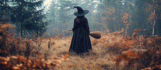 A witch in a black hat is standing in dry grass in an autumn forest holding a broom Halloween theme. with copy space image. Place for adding text or design