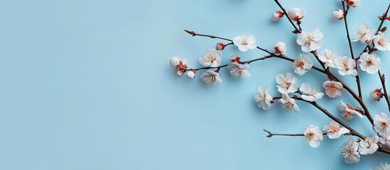 Aufkleber - Flowering apricot branches against a blue background Copyspace for text