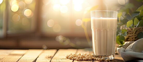 Aufkleber - A glass of soy milk with soybeans on a wooden table featuring a blurred background and morning lighting conveys a healthy concept. with copy space image. Place for adding text or design